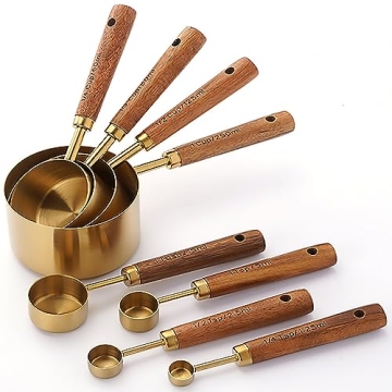 Dadamong Measuring Cups and Spoons Set of 8 - Stainless Steel Gold Measuring Cups with Wooden Handle...