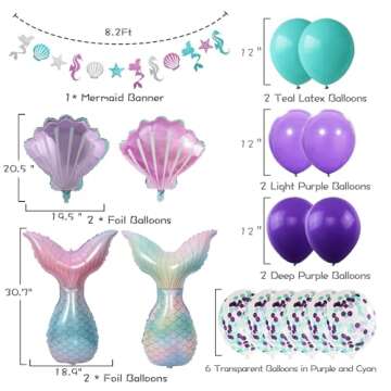 Mermaid Birthday Decorations for Girls Women 29pcs Party Supplies Including Pom Poms Flowers Happy B...
