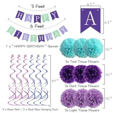 Mermaid Birthday Decorations for Girls Women 29pcs Party Supplies Including Pom Poms Flowers Happy Birthday Banner Dots Garland Hanging Swirls and Balloons Purple Teal Confetti