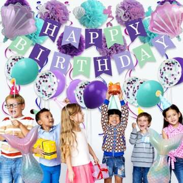 Mermaid Birthday Decorations for Girls Women 29pcs Party Supplies Including Pom Poms Flowers Happy Birthday Banner Dots Garland Hanging Swirls and Balloons Purple Teal Confetti