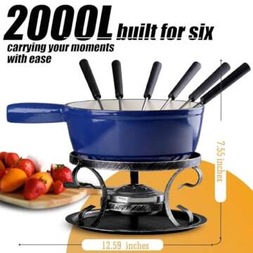 Artestia Swiss Traditional Cast Iron Cheese Fondue Pot Set, Campimg Fondue Set for Cheese, Meat & Chocolate (Blue)