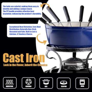 Artestia Swiss Traditional Cast Iron Cheese Fondue Pot Set, Campimg Fondue Set for Cheese, Meat & Chocolate (Blue)