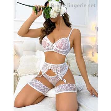 SNATROY Lingerie for Women - Bra and Panty Sets - Two Piece Lace Garter Boudoir Sexy Lingerie Set (W...