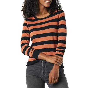 Amazon Essentials Women's Long-Sleeve Lightweight Crewneck Sweater in Black Caramel Rugby Stripe