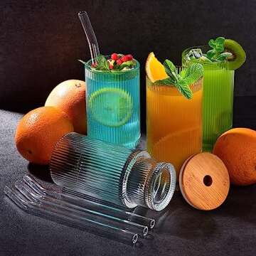 Naeety Vintage Ribbed Glass Cups Set with Lids 16OZ