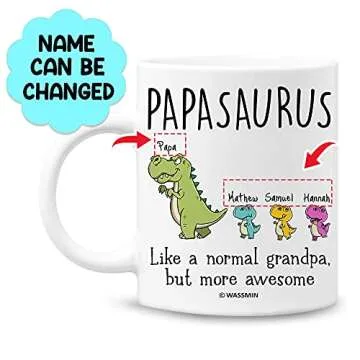 Wassmin Personalized Papasaurus Mug Papa Dinosaur Coffee Mugs Cups Custom Grandkids Names Customized Father's Day Birthday Christmas Gifts For Worlds Best Grandpa Pop Grandfather Grandpa (3 Kids)