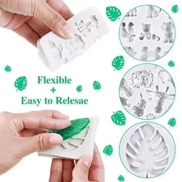 4 Pieces Jungle Safari Animal Cake Molds Animal and Tropical Leaf Silicone Molds Animals Fondant Molds for Cake Candy Chocolate Decorating Tray DIY Crafting Projects (White)