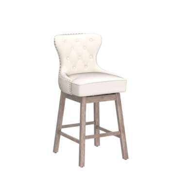 HOMCOM Upholstered Fabric Bar Height Bar Stools, 180° Swivel Nailhead-Trim Pub Chairs, 30" Seat Height with Rubber Wood Legs, Set of 2, Cream