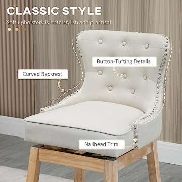 HOMCOM Upholstered Fabric Bar Height Bar Stools, 180° Swivel Nailhead-Trim Pub Chairs, 30" Seat Height with Rubber Wood Legs, Set of 2, Cream
