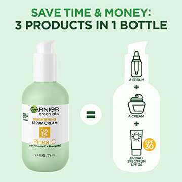 Garnier Green Labs Pinea-C 3-in-1 Brightening Serum Cream, 24H Moisture + Serum + SPF 30 with Vitamin C, 2.4 Fl Oz (72mL), 1 Count (Packaging May Vary)