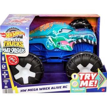 Hot Wheels Toy Truck Monster Trucks RC, Oversized Remote-Control Mega-Wrex Alive in 1:15 Scale, 3 Modes of Play with Interactive Lights & Sounds