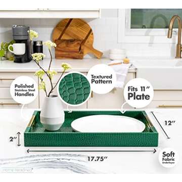 Luxury Modern Elegant 18"x12" Rectangle Crocodile Green Faux Leather Decorative Tray Ottoman Coffee Table Living Room Decor Kitchen Serving Tray with Gold Polished Metal Handles by Home Redefined