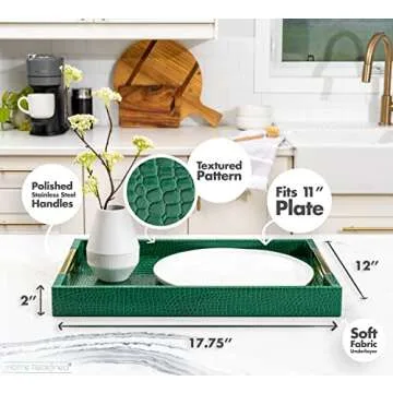 Luxury Modern Elegant 18"x12" Rectangle Crocodile Green Faux Leather Decorative Tray Ottoman Coffee Table Living Room Decor Kitchen Serving Tray with Gold Polished Metal Handles by Home Redefined
