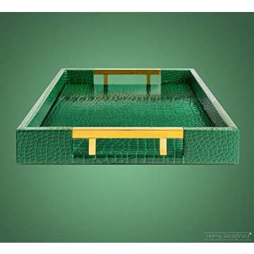 Luxury Modern Elegant 18"x12" Rectangle Crocodile Green Faux Leather Decorative Tray Ottoman Coffee Table Living Room Decor Kitchen Serving Tray with Gold Polished Metal Handles by Home Redefined