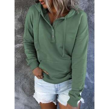 Dokotoo Women's Fashion Hoodies & Sweatshirts Drawstring Long Sleeve Front Button Collar Hooded Pullovers with Pockets Winter Sweatshirts for Women Loose Fit Casual Ladies Fall Shirt Tops Medium