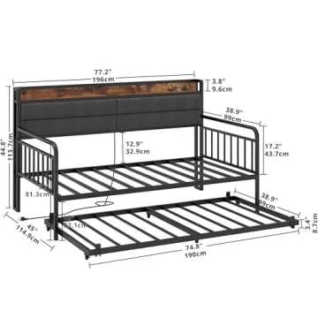 LIKIMIO Daybed with Trundle, Sturdy Metal Twin Bed Frame with Upholstered Headboard and Charging Station for Living Room, Bedroom and Guest Room, Black
