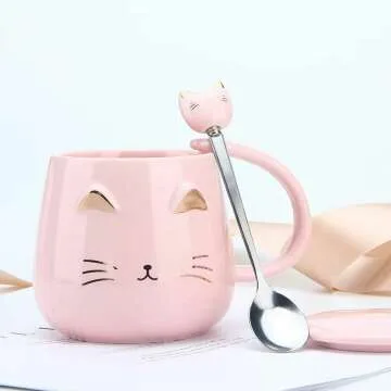 Cute Cat Ceramic Coffee Mug with Spoon for Gifts