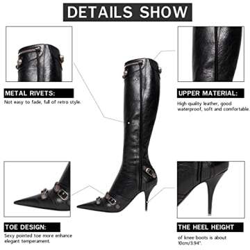 VOMIRA Knee High Boots for Women Pointed Toe Rivets Tassels Stiletto Boots High Heels Fashion Party Dressy Stripper Heels Black Boots for Women