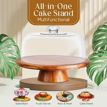 Homeries Acacia Wood Cake Stand with Lid, Cake Plate, (6 in 1) Multi-Functional Serving Platter, Lar...