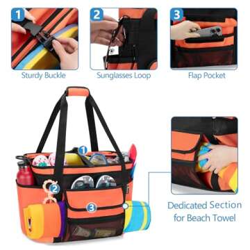 Fasrom XL Beach Tote Bag with Cooler Compartment, Large Mesh Beach Pool Bag with Wet & Dry Separation for Swim, Travel, Orange (Patent Design, Empty Bag Only)