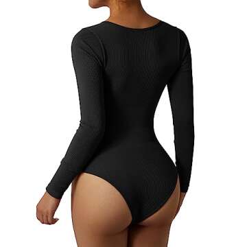 MOOSLOVER Women Ribbed Seamless Bodysuit Square Neck Long Sleeve Workout Yoga Shapewear(M,#1 Black)