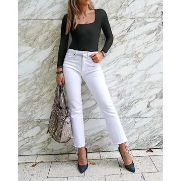 MOOSLOVER Women Ribbed Seamless Bodysuit Square Neck Long Sleeve Workout Yoga Shapewear(M,#1 Black)