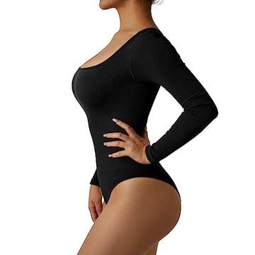 MOOSLOVER Women Ribbed Seamless Bodysuit Square Neck Long Sleeve Workout Yoga Shapewear(M,#1 Black)