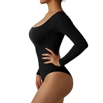 MOOSLOVER Women Ribbed Seamless Bodysuit Square Neck Long Sleeve Workout Yoga Shapewear(M,#1 Black)