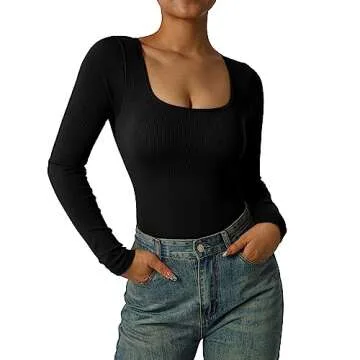 MOOSLOVER Women Ribbed Seamless Bodysuit Square Neck Long Sleeve Workout Yoga Shapewear(M,#1 Black)