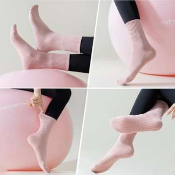 TOAMOUR 4 Pairs Pilates Socks with Grips for Women, Non Slip Yoga Athletic Ballet Barre Dance Workout Crew Socks