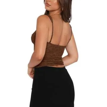REORIA Women's Summer Fashion Sexy Square Neck Sleeveless Cute Trendy Going Out Lace Bustier Crop Tank Tops Coffee X-Small