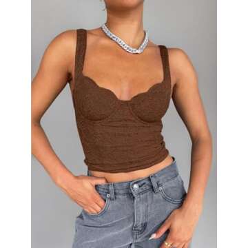 REORIA Women's Summer Fashion Sexy Square Neck Sleeveless Cute Trendy Going Out Lace Bustier Crop Tank Tops Coffee X-Small