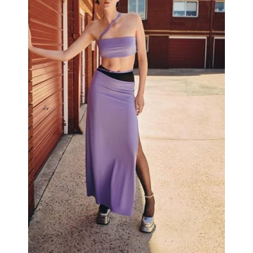 Women Sexy Two Piece Long Skirt Set Sleeveless Crop Cami Top and Split Maxi Skirt Summer Outfits Y2k Clubwear(C5- Purple,S)