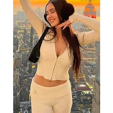 Zhiyouni Women's Kintted 2 Piece Outfits Long Sleeves Zip Up Hooded High Waist Skinny Pants Set Loungewear (Apricot-S)