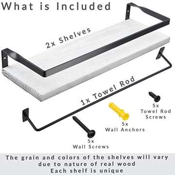 Peter's Goods Rustic Floating Wall Shelves with Rails - Decorative Storage for Bedroom, Bathroom, and Kitchen - Elegant, Modern Shelving - Rustic White Pine Wood, Charcoal Metal Frame - Set of 2