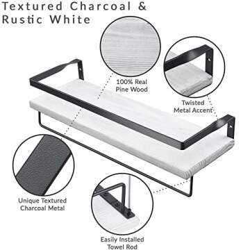 Peter's Goods Rustic Floating Wall Shelves with Rails - Decorative Storage for Bedroom, Bathroom, and Kitchen - Elegant, Modern Shelving - Rustic White Pine Wood, Charcoal Metal Frame - Set of 2