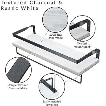 Peter's Goods Rustic Floating Wall Shelves with Rails - Decorative Storage for Bedroom, Bathroom, and Kitchen - Elegant, Modern Shelving - Rustic White Pine Wood, Charcoal Metal Frame - Set of 2