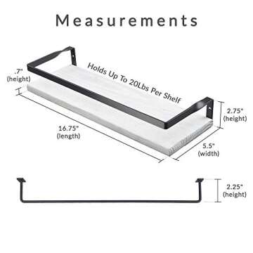 Peter's Goods Rustic Floating Wall Shelves with Rails - Decorative Storage for Bedroom, Bathroom, and Kitchen - Elegant, Modern Shelving - Rustic White Pine Wood, Charcoal Metal Frame - Set of 2