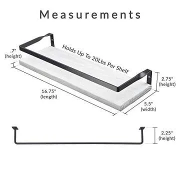 Peter's Goods Rustic Floating Wall Shelves with Rails - Decorative Storage for Bedroom, Bathroom, and Kitchen - Elegant, Modern Shelving - Rustic White Pine Wood, Charcoal Metal Frame - Set of 2