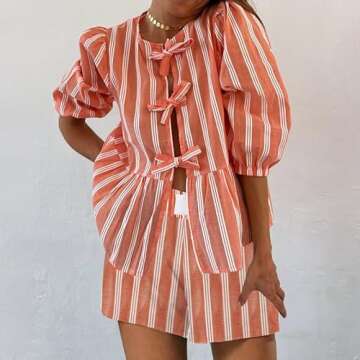 NUFIWI Women Striped Tie Front Y2K Pajama Sets Puff Sleeve Bow Knot Shirt and Striped Shorts Cute Stripes Sleep Pjs Sets Orange