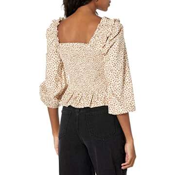 The Drop Women's Marisol Long Sleeve Ruffle Smocked Cropped Top - White/Praline Dot Print
