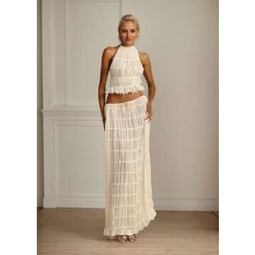 YISHATIER Women's Sheer Sets Backless Halter Tank Top and Pleated Retro Tulle Chiffon Maxi Skirt Set...