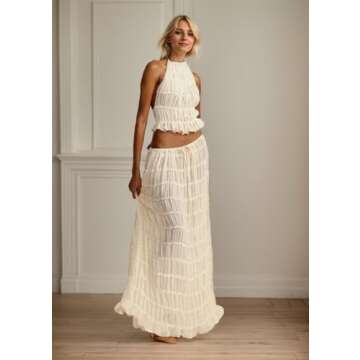 YISHATIER Women's Sheer Sets Backless Halter Tank Top and Pleated Retro Tulle Chiffon Maxi Skirt Sets See-through (M,Medium)