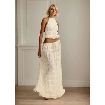 YISHATIER Women's Sheer Sets Backless Halter Tank Top and Pleated Retro Tulle Chiffon Maxi Skirt Sets See-through (M,Medium)