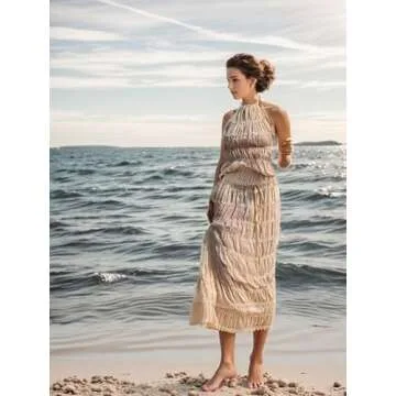 YISHATIER Women's Sheer Sets Backless Halter Tank Top and Pleated Retro Tulle Chiffon Maxi Skirt Sets See-through (M,Medium)