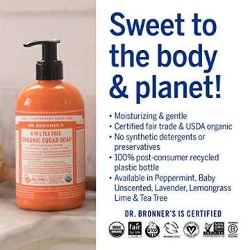 Dr. Bronner's - Organic Sugar Soap (12 oz Variety Pack) Lavender, Peppermint, Tea Tree, & Lemongrass - Made with Organic Oils, Sugar & Shikakai Powder, 4-in-1 Use: Hands, Body, Face & Hair | 4 Count