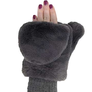 Funky Junque Furry Faux Fur Flip Mittens for Women, Convertible Fingerless Gloves, One Size, Grey