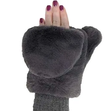 Funky Junque Furry Faux Fur Flip Mittens for Women, Convertible Fingerless Gloves, One Size, Grey