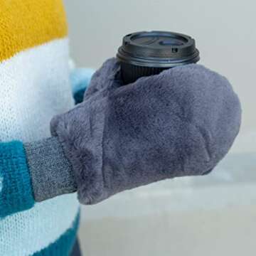 Funky Junque Furry Faux Fur Flip Mittens for Women, Convertible Fingerless Gloves, One Size, Grey
