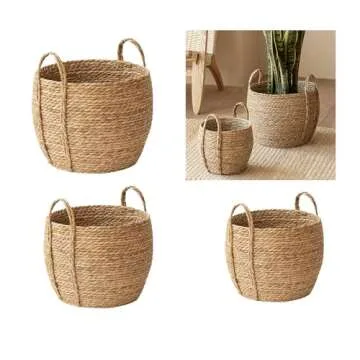 Versatile Rattan Grass Woven Flower Basket Planter for Living Room Floor Standing Storage Balcony Garden Decoration Sea Grass Basket with Handle Decorative for Organizing Natural Grass Basket and